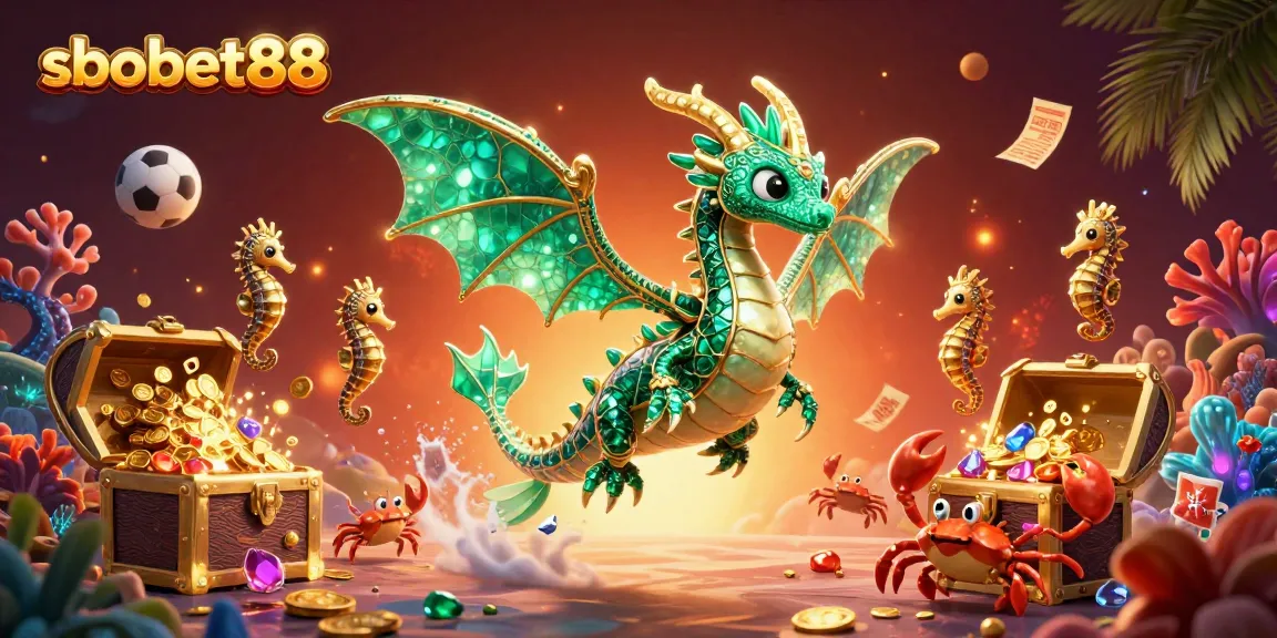 Engage in thrilling bets with sbobet88, showcased by a dazzling sea dragon and treasure scene.