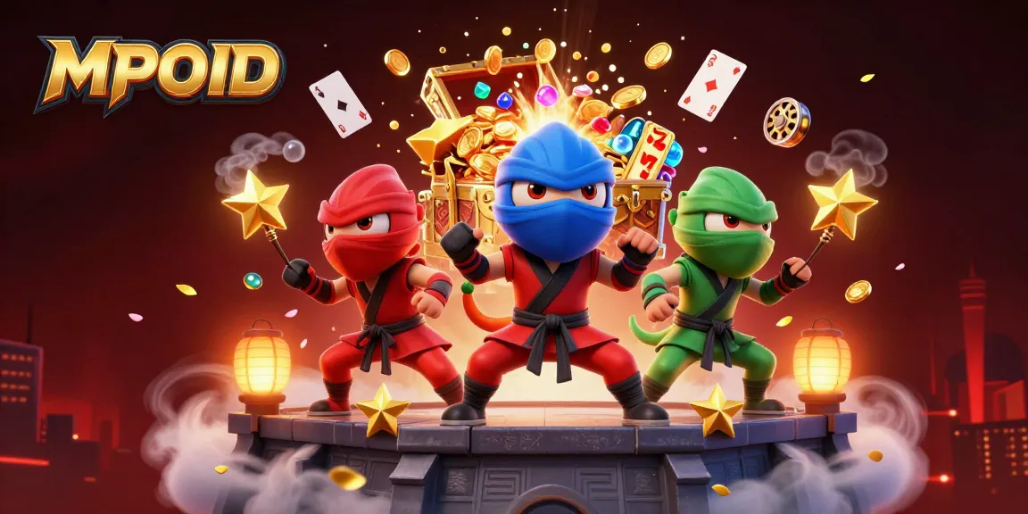 MPOID showcases a cartoon ninja chameleon trio amidst swirling treasures and playing cards, emphasizing a vibrant casino scene.
