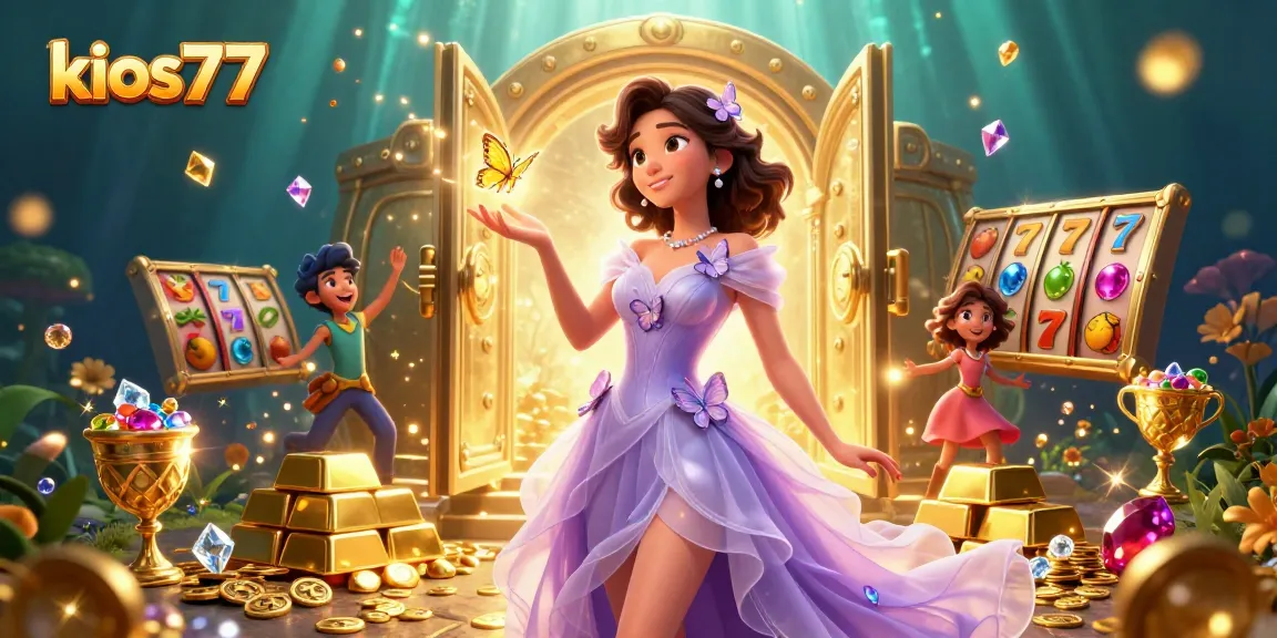 Experience the thrill of kios77 with a stunning illustration of winning slot gaming moments and vibrant characters