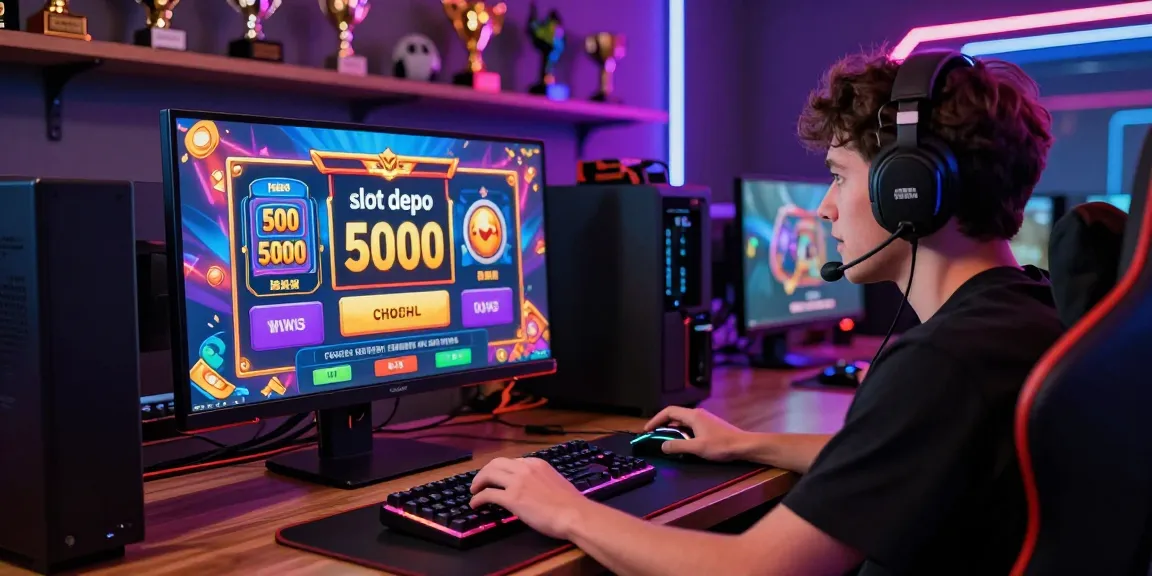 Player engaging with slot depo 5000 on colorful gaming setup, showcasing excitement and high winnings.