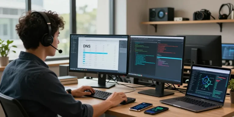Performing a dns lookup in a modern office setting with dual monitors and network analysis tools