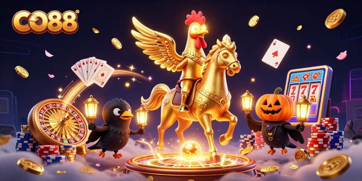 Experience the excitement of CO88 as golden rooster rides through a vibrant casino scene filled with winning games.