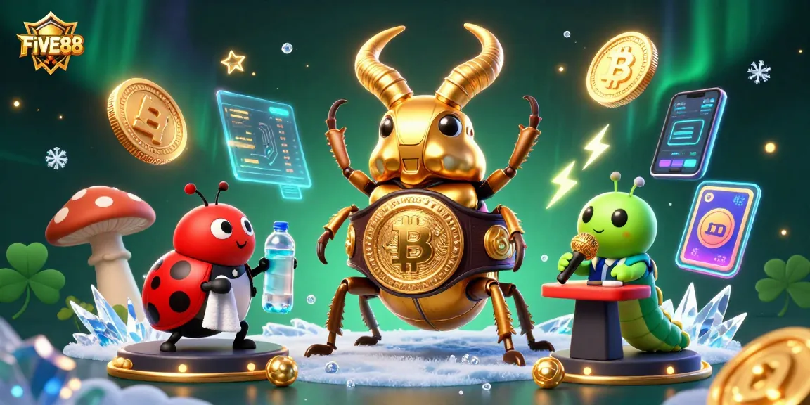 FIVE88 showcases a lively casino scene with cartoon characters and vibrant crypto elements.