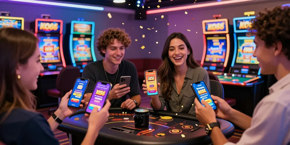 Excited users downloading the KO66 app in a vibrant casino setting, showcasing promotional offers and colorful gaming atmosphere.