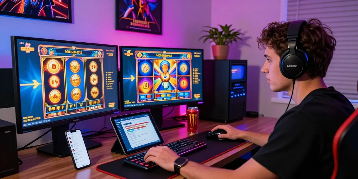 Exciting slot gaming scene with a player focused on online slot games in a modern home office