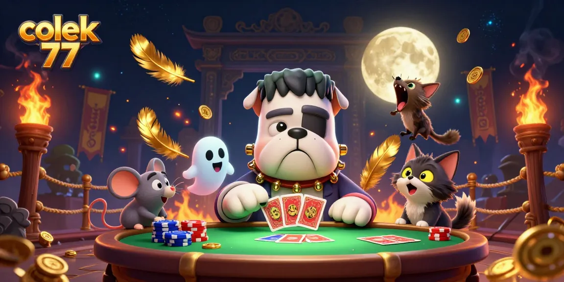 Engage in thrilling gameplay with colek 77 at a haunted casino table featuring eerie characters.