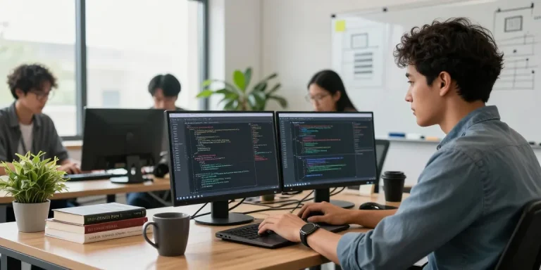 Dynamic tech workspace featuring collaboration on 纸飞机中文版 coding projects in a modern office.