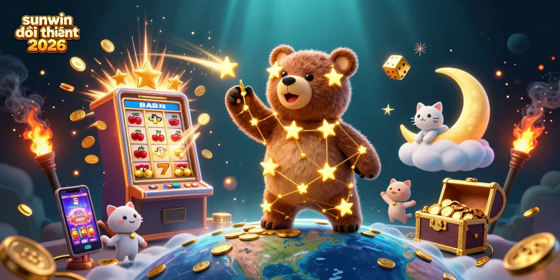 Experience big wins with sunwin đổi thưởng 2026 illustrated by a constellation bear collecting coins from a vibrant slot machine.