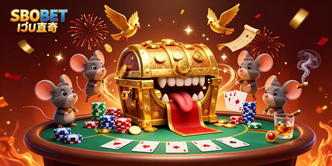 Experience the thrill with SBOBET เว็บตรง, unlocking excitement in a vibrant casino-themed illustration.