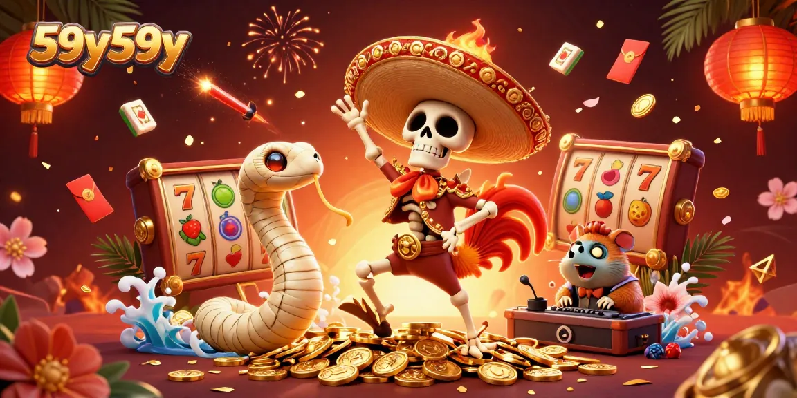 Engage in the thrilling world of 59y59y with a vibrant 3D illustration of a festive casino scene.
