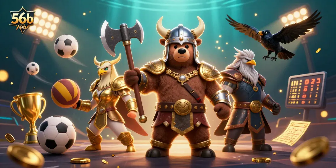 Bet on 56b56b with this vibrant 3D scene of Viking bear and Valkyrie eagle amidst sports betting elements.