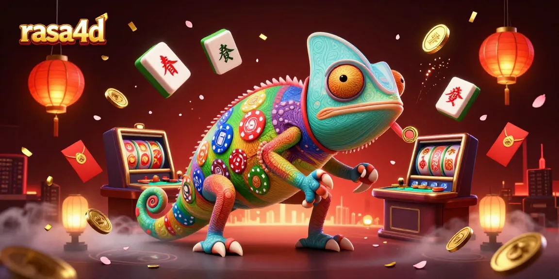 Permainan slot bergaya 3D dengan karakter chameleon dan elemen keberuntungan rasa4d yang dinamis.