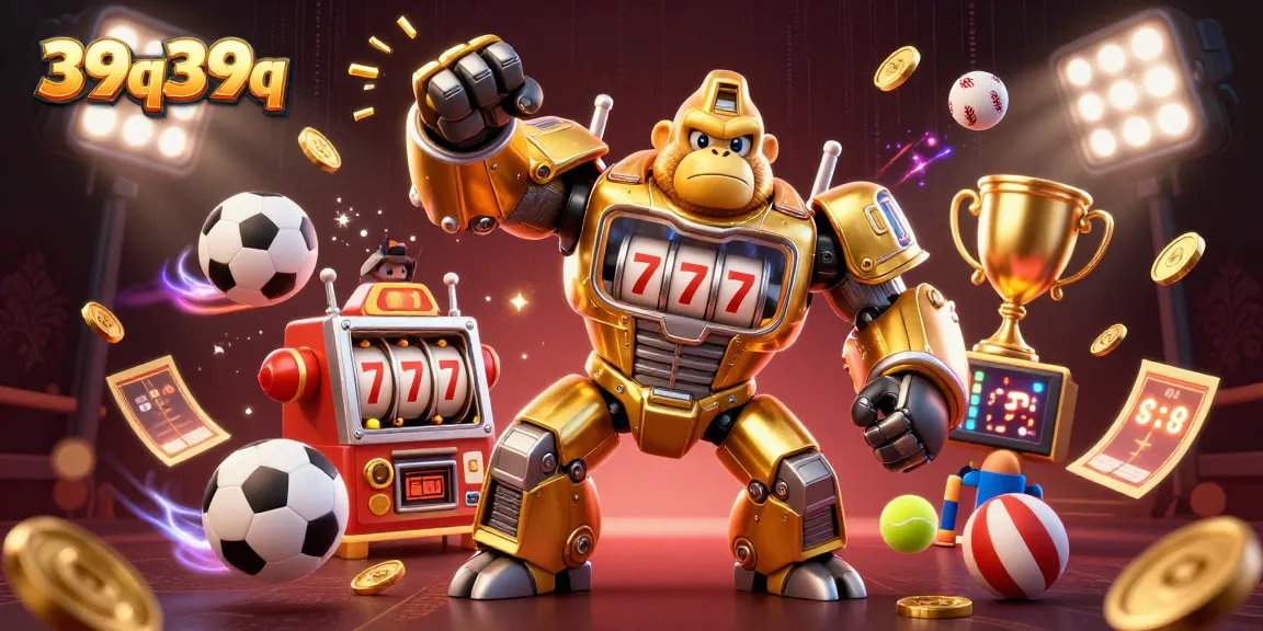 Engage with 39q39q's thrilling casino world featuring a golden gorilla mech and sports betting elements.
