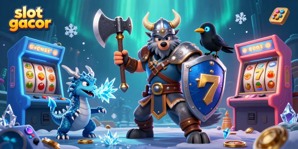 Experience the thrill of slot gacor with a Viking warrior and mystical creatures in this vivid 3D illustration.