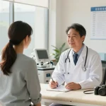 Health consultation scene in a bright clinic with a doctor and patient.