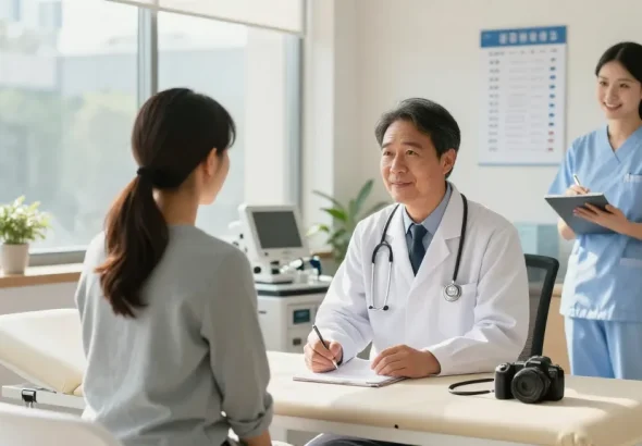 Health consultation scene in a bright clinic with a doctor and patient.