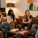 Vibrant discussion about סקס زنוג among diverse individuals in a cozy lounge setting.