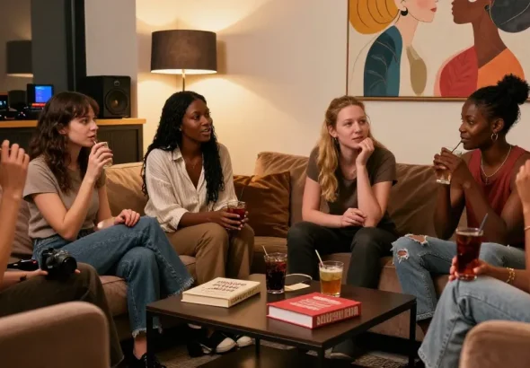 Vibrant discussion about סקס زنוג among diverse individuals in a cozy lounge setting.