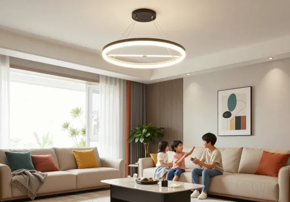 Lustra living elegantă cu iluminare LED în living modern, atmosferă primitoare.