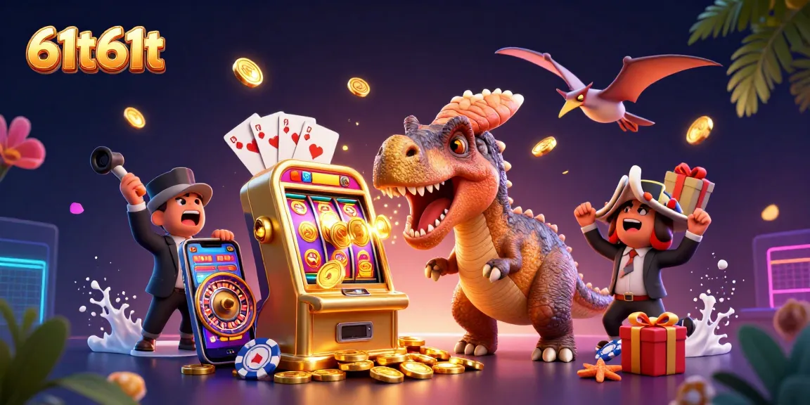 O 61t61t faz um dinossauro ganhar jackpots em um cassino ilustrado, capturando detalhes vibrantes.