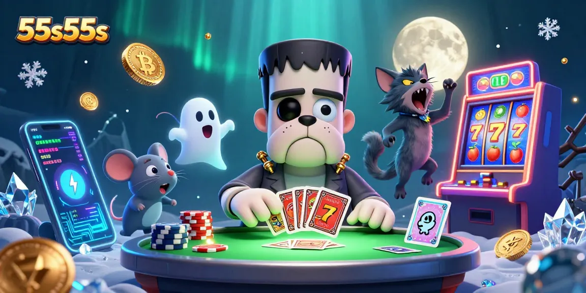 O bulldog Frankenstein no 55s55s lida cartas com uma máquina de caça-níqueis e moedas de Bitcoin ao redor.