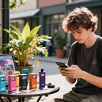 How To Buy Top Quality DMT In The United Kingdom? Young adult exploring stylish DMT carts in vibrant urban street scene.