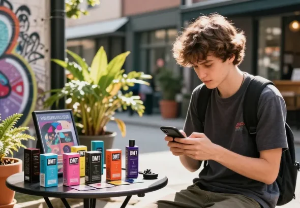 How To Buy Top Quality DMT In The United Kingdom? Young adult exploring stylish DMT carts in vibrant urban street scene.