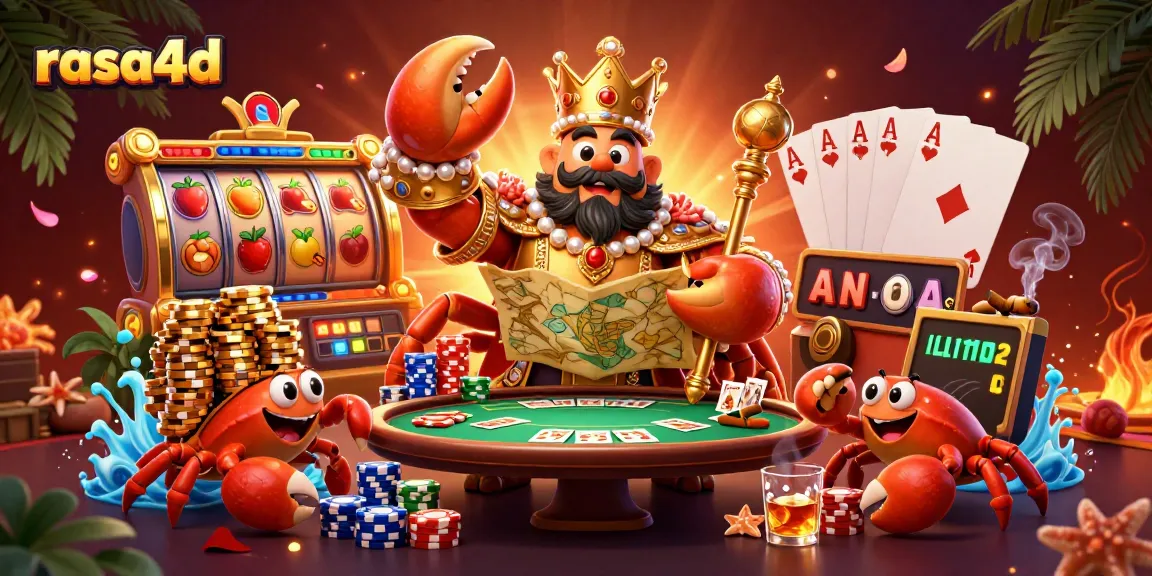 Mendapatkan kemenangan di rasa4d dengan mesin slot penuh warna dan suasana meriah di sekitar kaisar kepiting emas.