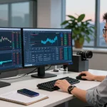 Trader analyzing MT5 charts and tools in a modern office setting.
