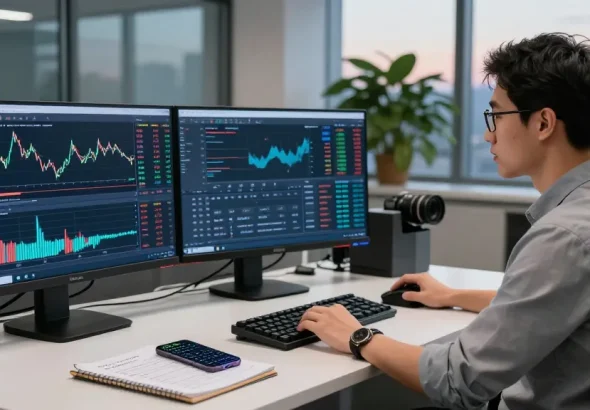 Trader analyzing MT5 charts and tools in a modern office setting.