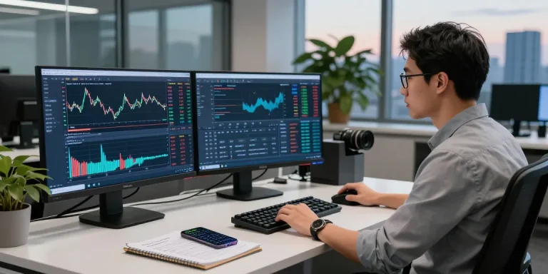 Trader analyzing MT5 charts and tools in a modern office setting.