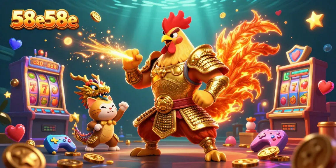 Experience thrilling 58e58e adventures with a vibrant rooster warrior and dragon hatchling in a dynamic casino scene.