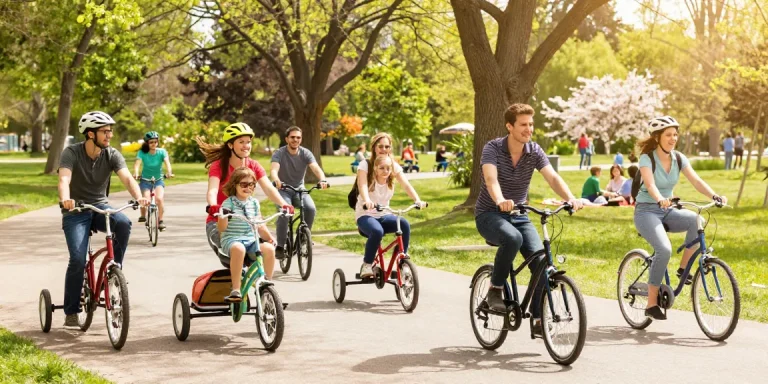 Adults and children joyfully riding tricycles in a sunny park setting, showcasing fun and freedom.