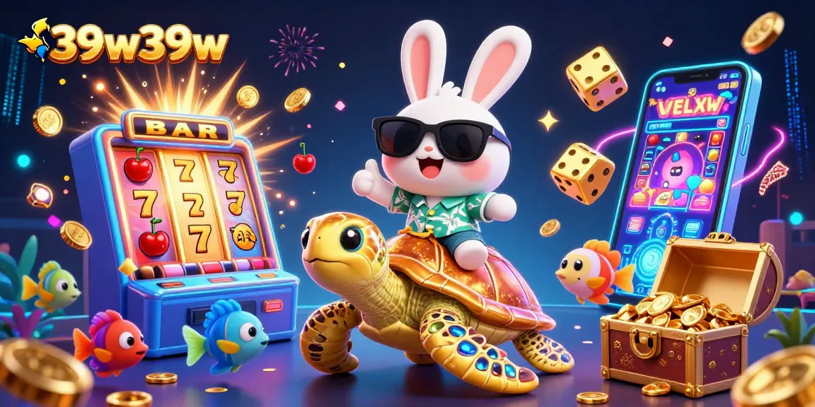 Join the fun with 39w39w's lucky rabbit and golden turtle amid a vibrant casino celebration
