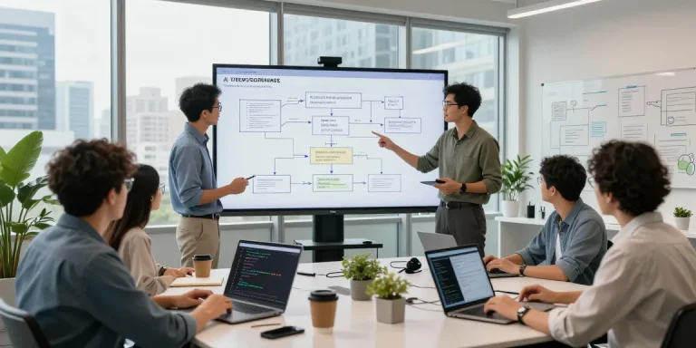 AI Product Engineering services with diverse team collaborating on innovative software solutions in a modern workspace.