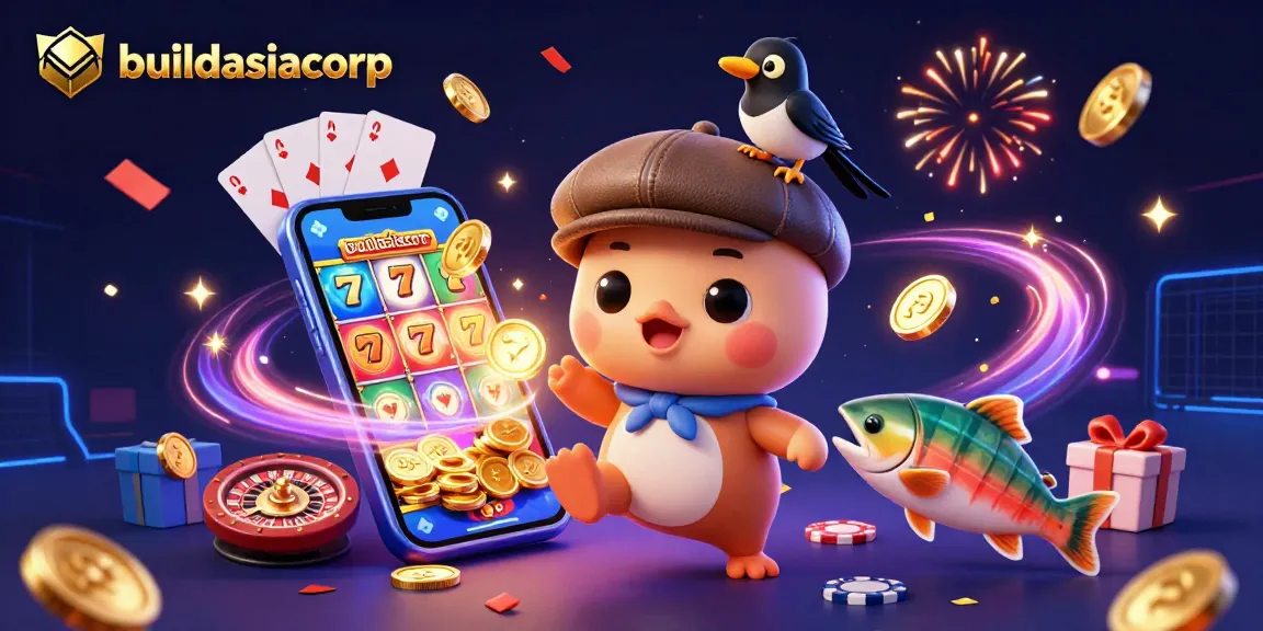 Engage with buildasiacorp in a vibrant casino scene showcasing a playful baby Nessie and slot games.