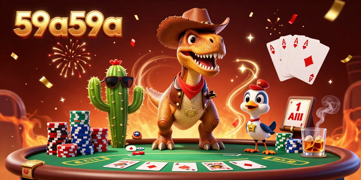 Jogadores do 59a59a apostando com um dinossauro cowboy e amigos em uma cena vibrante.