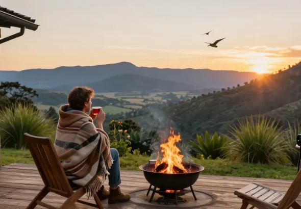 Enjoying Magaliesberg Accommodation with stunning sunset view, tranquil mountain lodge experience.
