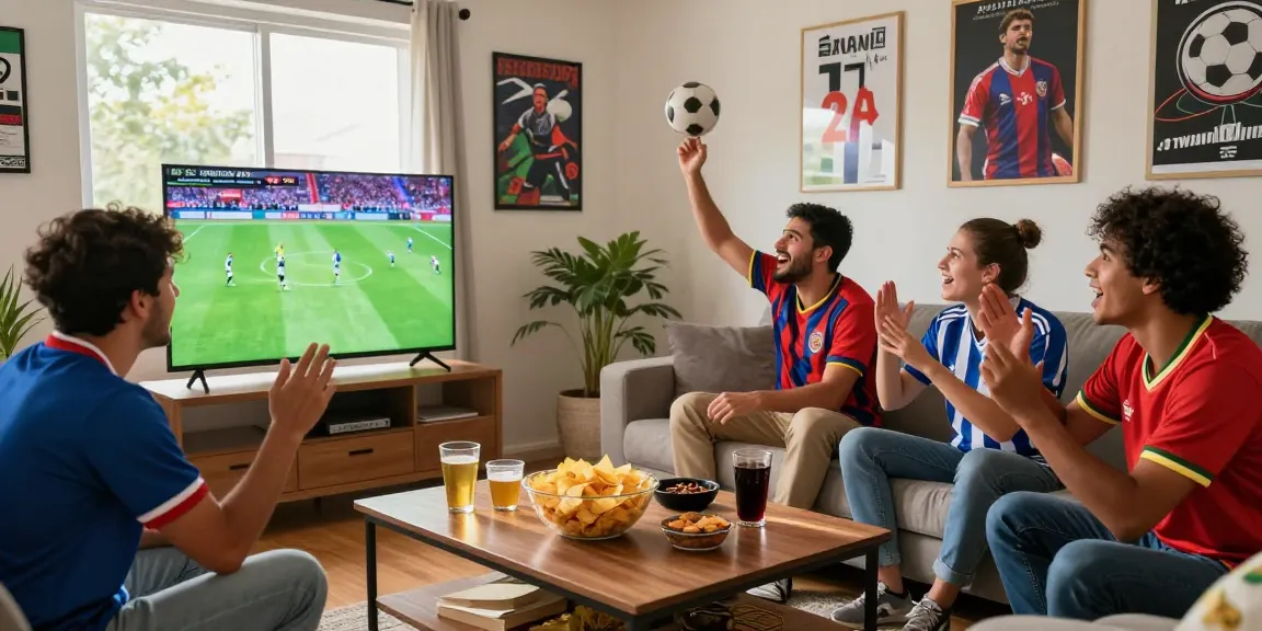 Konsumen menikmati live bola dengan teman-teman di ruang tamu, penuh semangat dan suasana meriah.