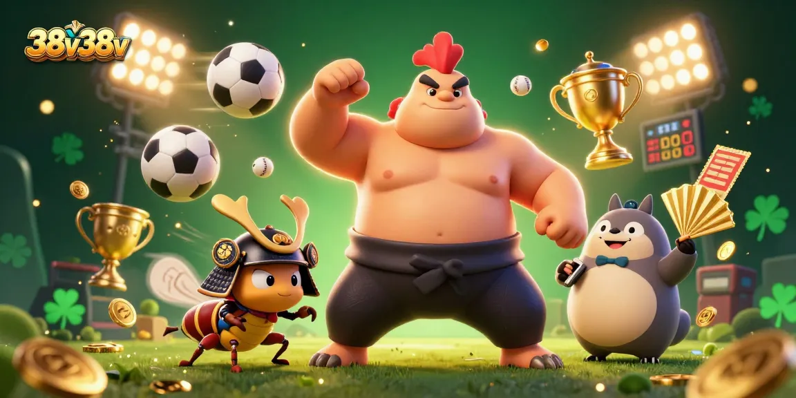 Aposte com 38v38v em um cenário de cassino vibrante com personagens únicos e elementos esportivos dinâmicos.