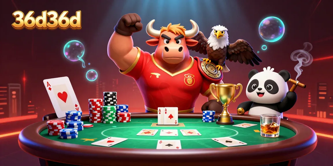 Experience high-stakes gaming with 36d36d, featuring a victorious bull mascot and a cheering panda.