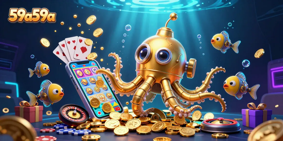 Experience 59a59a's thrilling casino world in this vibrant, interactive illustration with golden kraken and slot games.