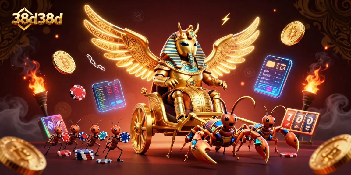 Engage with the 38d38d casino experience through dynamic 3D illustration of a golden scarab and scorpions.