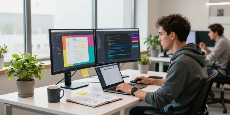 A developer engaging in astra pro free download project at a stylish workspace with dual monitors displaying code and design elements.