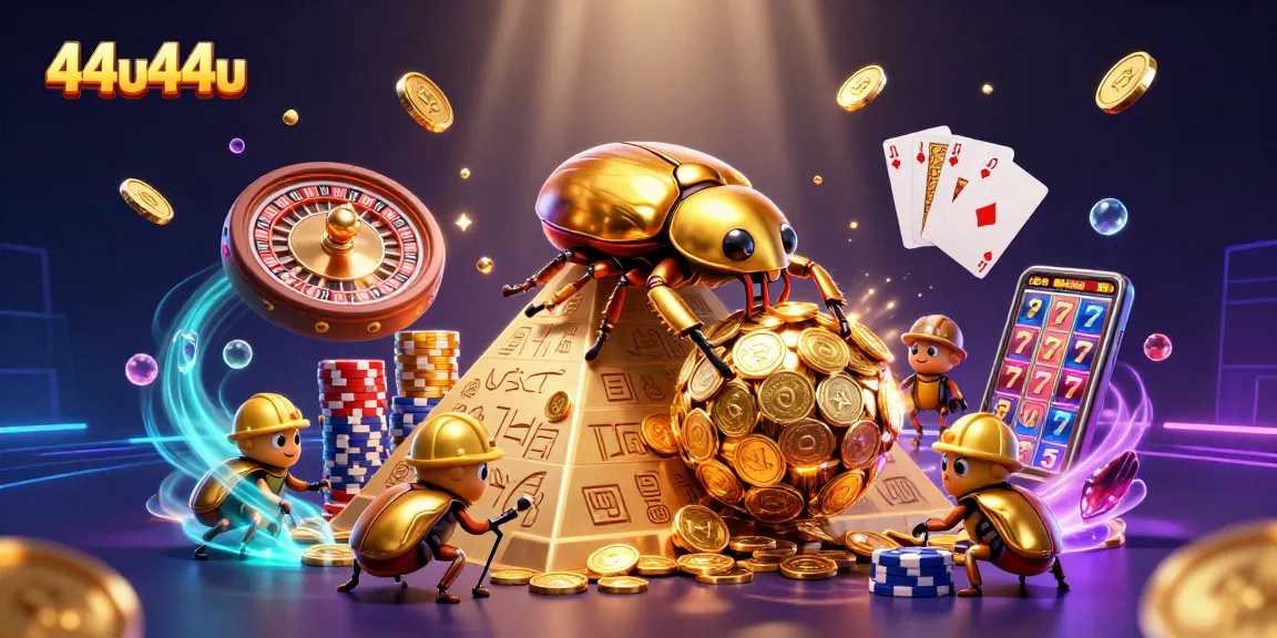Experience the excitement of 44u44u, featuring golden beetles and dynamic casino elements in a vibrant 3D scene.