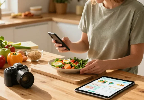Logging meals with the best food tracker in a warm kitchen environment.