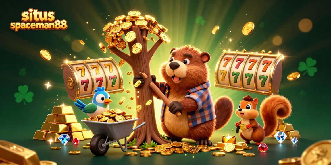 Experience the excitement of situs spaceman88 with vibrant slot reels and golden treasure surrounding unique characters.